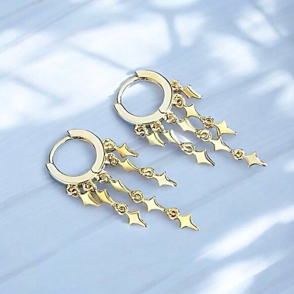 NWT Dangle Earrings Huggie Hoop Star Fringe Tassel 14K Gold Plated - Picture 6 of 10